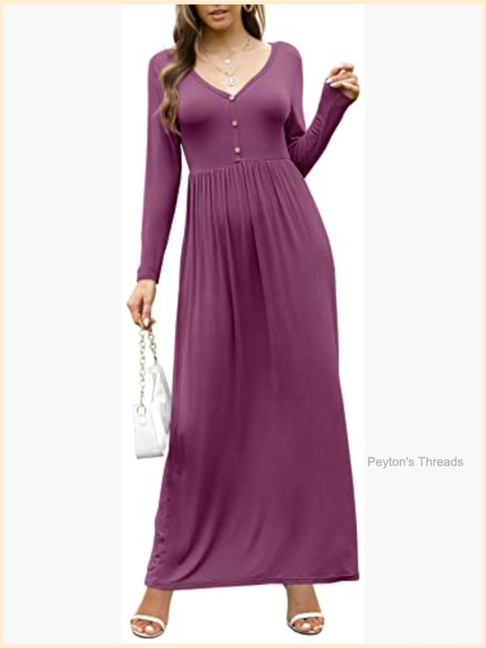Long Sleeve V Neck Button Maxi Dress with Pockets - Picture 3 of 7